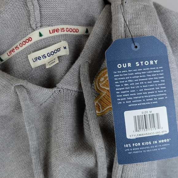 Life Is Good Sweater Hooded Knit Embroidered Gingerbread Man Grey M NWT - Picture 11 of 12